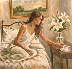 Acrylic painting of a lady in a nightdress sat curled up on a bed and reaching for a cup of tea on a side table. There is a vase of lilies on the table and a landscape painting on the wall behind her. 